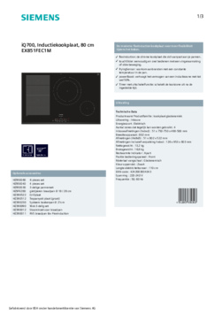 Product informatie SIEMENS kookplaat inbouw inductie EX851FEC1M