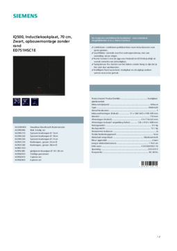 Product informatie SIEMENS kookplaat inductie inbouw ED751HSC1E