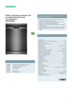Product informatie SIEMENS vaatwasser geborsteld black steel anti fingerprint SN25ZC06CF