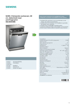 Product informatie SIEMENS vaatwasser geborsteld staal anti fingerprint SN23EI03ME