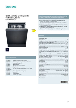 Product informatie SIEMENS vaatwasser inbouw SN63HX01CE