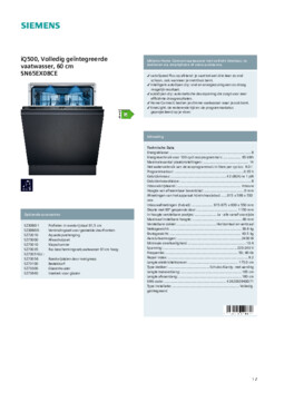 Product informatie SIEMENS vaatwasser inbouw SN65EX08CE