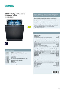 Product informatie SIEMENS vaatwasser inbouw SN65EX10CN