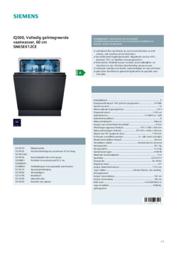 Product informatie SIEMENS vaatwasser inbouw SN65EX12CE