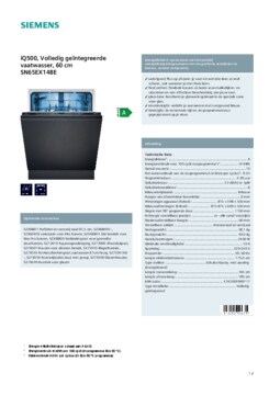 Product informatie SIEMENS vaatwasser inbouw SN65EX14BE