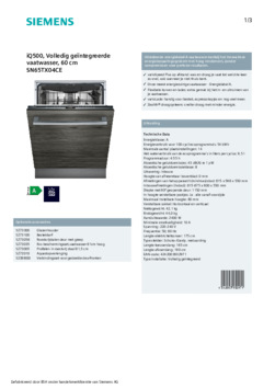Product informatie SIEMENS vaatwasser inbouw SN65TX04CE