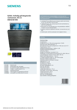 Product informatie SIEMENS vaatwasser inbouw SN65ZX01BN