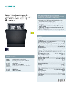Product informatie SIEMENS vaatwasser inbouw SN73EX01CE