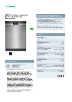 Product informatie SIEMENS vaatwasser onderbouw SN43ES05ME