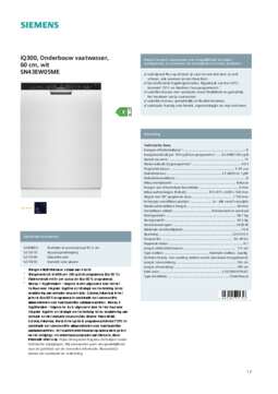 Product informatie SIEMENS vaatwasser onderbouw SN43EW05ME