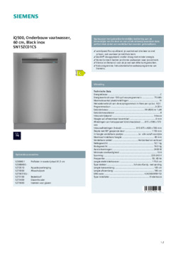 Product informatie SIEMENS vaatwasser onderbouw blacksteel SN15ZC01CS