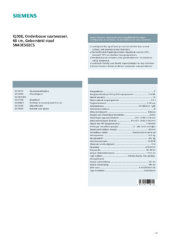 Product informatie SIEMENS vaatwasser onderbouw geborsteld staal SN43ES02CS