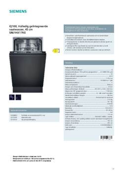 Product informatie SIEMENS vaatwasser smal inbouw SR61HX17KE