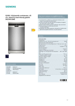 Product informatie SIEMENS vaatwasser smal vrijstaande SR23HI52ME