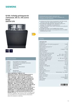 Product informatie SIEMENS vaatwasser verhoogd inbouw SX61IX13TE