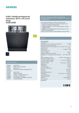 Product informatie SIEMENS vaatwasser verhoogd inbouw SX63EX20BE