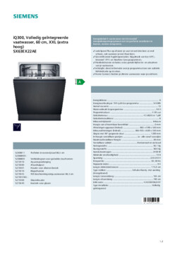 Product informatie SIEMENS vaatwasser verhoogd inbouw SX63EX22AE