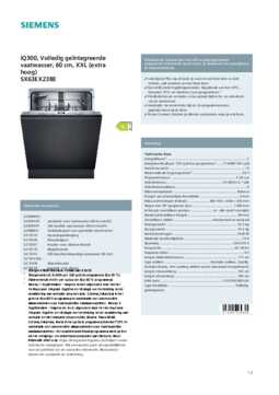 Product informatie SIEMENS vaatwasser verhoogd inbouw SX63EX23BE