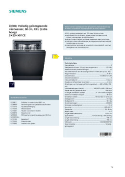 Product informatie SIEMENS vaatwasser verhoogd inbouw SX63HX01CE