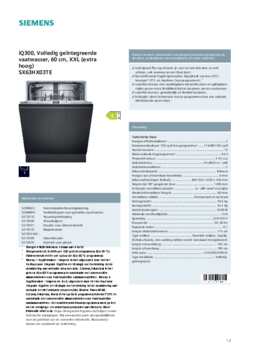 Product informatie SIEMENS vaatwasser verhoogd inbouw SX63HX03TE