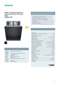 Product informatie SIEMENS vaatwasser verhoogd inbouw SX63HX14AE