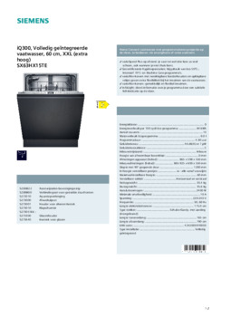 Product informatie SIEMENS vaatwasser verhoogd inbouw SX63HX15TE
