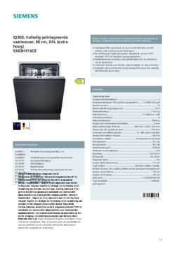 Product informatie SIEMENS vaatwasser verhoogd inbouw SX63HX16CE