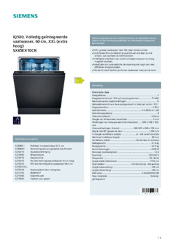 Product informatie SIEMENS vaatwasser verhoogd inbouw SX65EX10CN