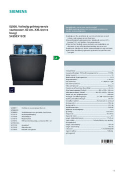 Product informatie SIEMENS vaatwasser verhoogd inbouw SX65EX12CE