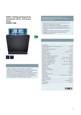 Product informatie SIEMENS vaatwasser verhoogd inbouw SX65EX14BE
