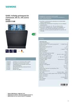 Product informatie SIEMENS vaatwasser verhoogd inbouw SX65EX15BE