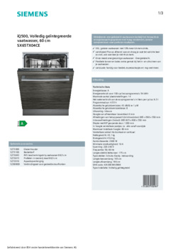 Product informatie SIEMENS vaatwasser verhoogd inbouw SX65TX04CE