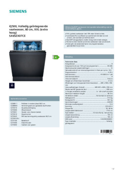 Product informatie SIEMENS vaatwasser verhoogd inbouw SX65ZX07CE