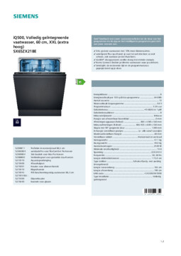 Product informatie SIEMENS vaatwasser verhoogd inbouw SX65ZX21BE
