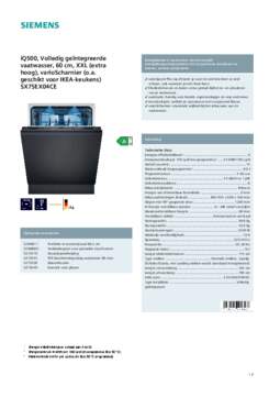 Product informatie SIEMENS vaatwasser verhoogd inbouw SX75EX04CE