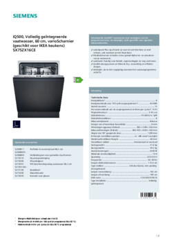 Product informatie SIEMENS vaatwasser verhoogd inbouw SX75ZX16CE