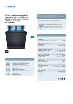 Product informatie SIEMENS vaatwasser verhoogd inbouw SX77TX01BE