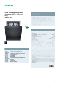 Product informatie SIEMENS vaatwasser verhoogd inbouw SX85EX13CE
