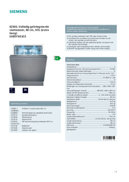 Product informatie SIEMENS vaatwasser verhoogd inbouw SX85YX02CE