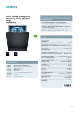 Product informatie SIEMENS vaatwasser verhoogd inbouw SX87ZX06CE