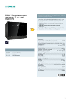 Product informatie SIEMENS vaatwasser zwart SK25IB00TE