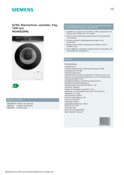Product informatie SIEMENS wasmachine WG44B209NL