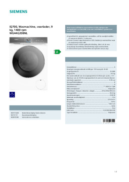 Product informatie SIEMENS wasmachine WG44G20BNL