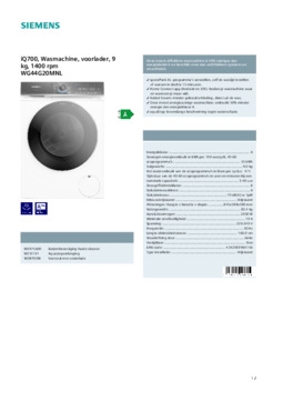 Product informatie SIEMENS wasmachine WG44G20MNL