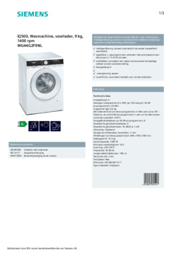 Product informatie SIEMENS wasmachine WG44G2F9NL