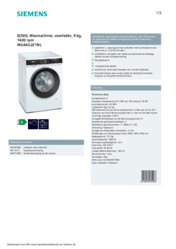 Product informatie SIEMENS wasmachine WG44G2Z1NL