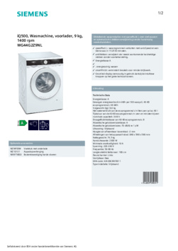 Product informatie SIEMENS wasmachine WG44G2Z9NL