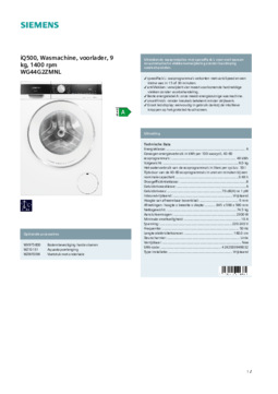 Product informatie SIEMENS wasmachine WG44G2ZMNL