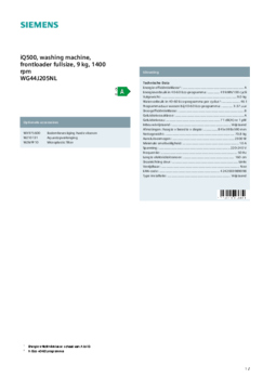 Product informatie SIEMENS wasmachine WG44J205NL