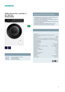 Product informatie SIEMENS wasmachine WG46H2A9NL